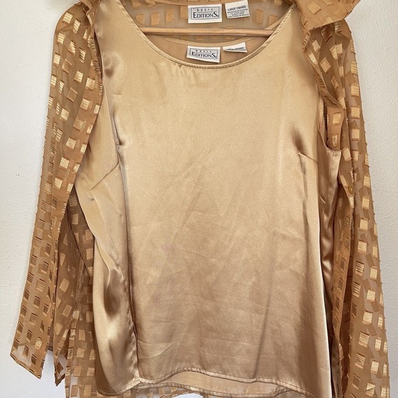 Basic Editions Sheer Jacquard Collared Button Up Gold Holiday Top Shirt Womens L - Picture 3 of 9